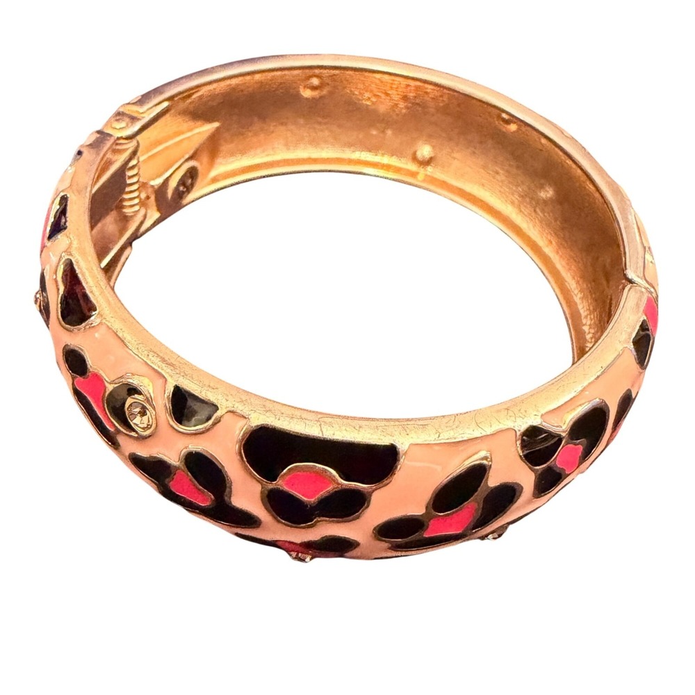 Betsey Johnson Hinged Bracelet Pink Black Leopard Enamel Gold Tone 7" Mob Wife